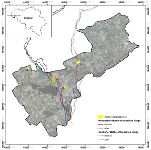 Location of Comines- Warneton along the Belgian front and indication of the fields surveyed with electromagnetic induction sensor (EMI). 1: Quatre-Rois, 2: La Plus Douve, 3: Chemin des Loups, 4: Chemin du Mont de la Hutte. © authors and AGIV: orthophoto mosaic 2009 