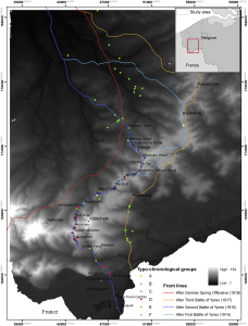 Distribution map of typo-chronological groups of mine craters related to the successive front lines in the Ypres Salient (source DTM: Open data Flemish Agency for Spatial Information)).