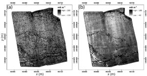 Modeled electrical conductivity (σ) of the layer in-between 0.4 and 0.8 m depth (a) and below 0.8 m depth (b)